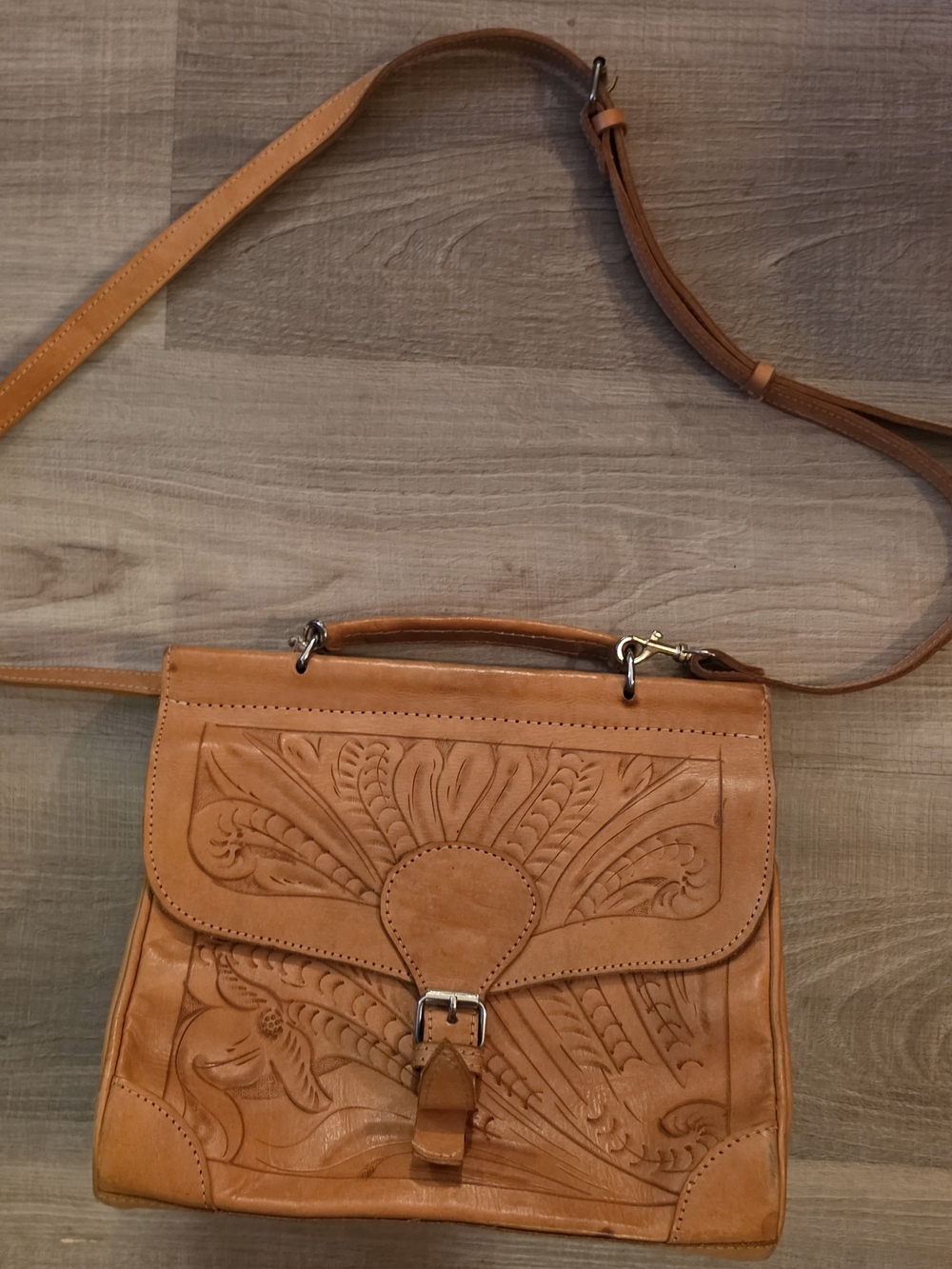 Force Ten West Hand-Tooled Leather Purse/Bag in Light Brown - Genuine Leather